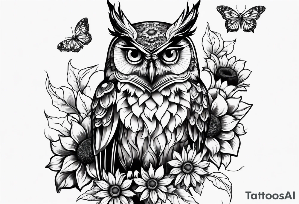 Small owl with sunflowers and butterflies arm sleeve tattoo idea