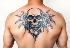 full back with Skull and motorcycle engine with
 roses tattoo idea