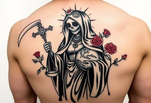 Santa muerte with a black robe. Holding her sythe and a scale. One food on the world and red roses placed in different areas. tattoo idea