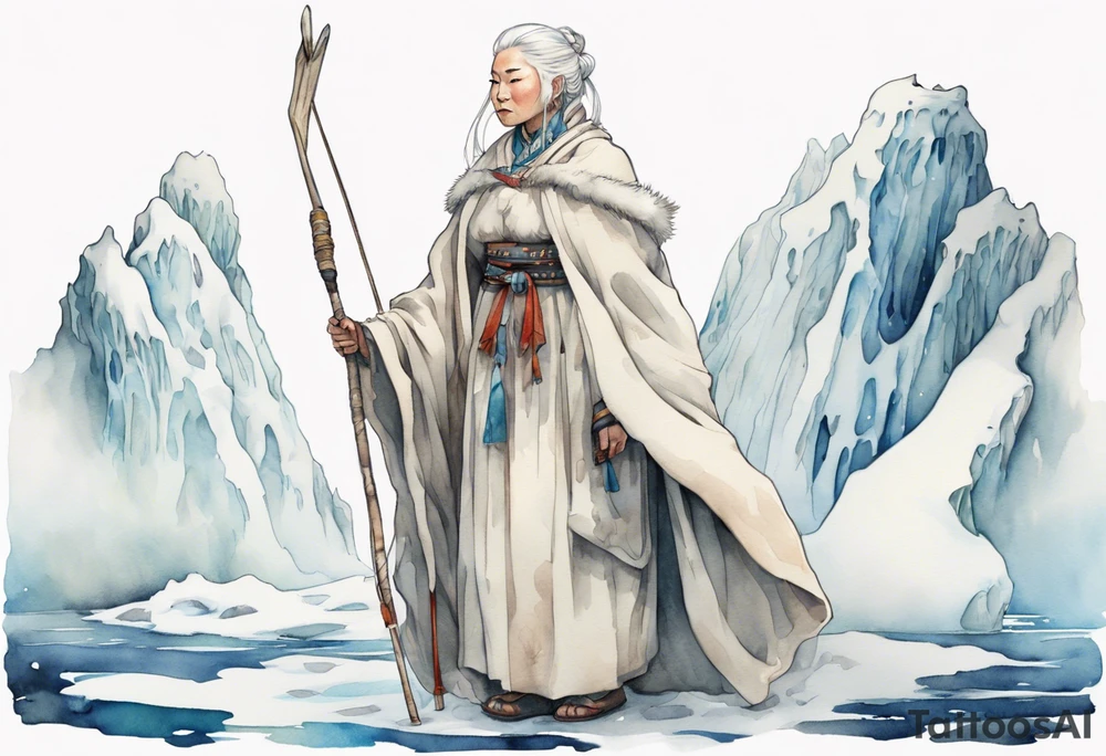 a Sami woman with white hair and a white robe holding a long ivory bowstaff, standing on an iceberg tattoo idea