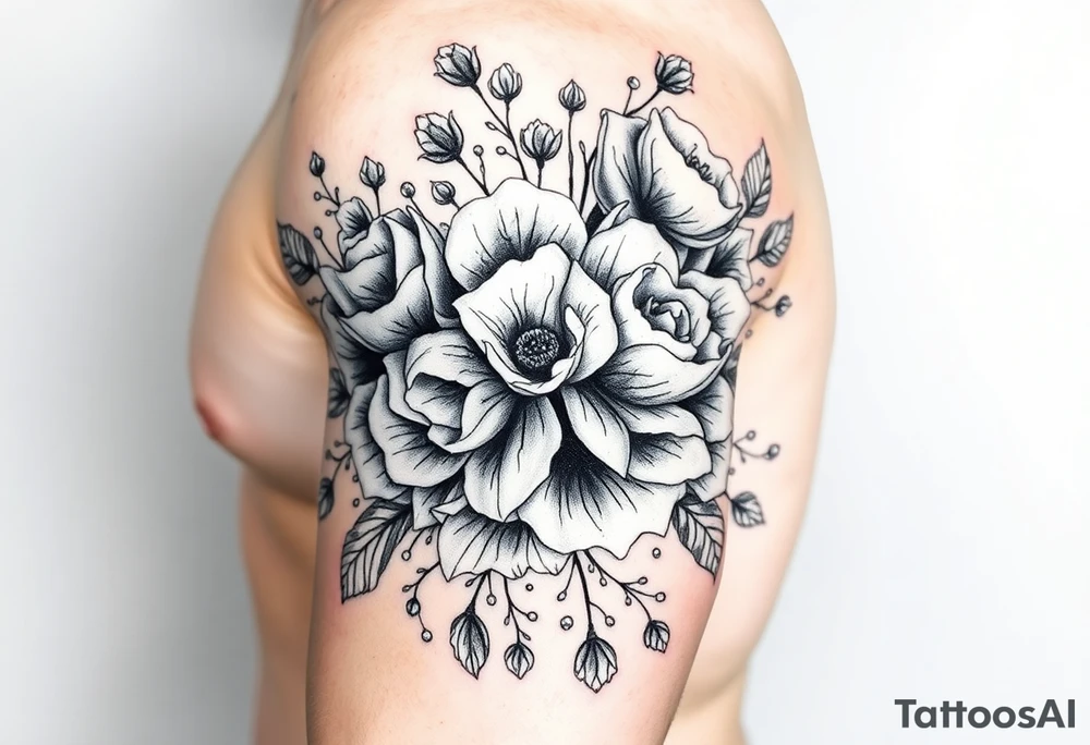 vintage bouquet of wild roses and meadow flowers with morning dew tattoo idea