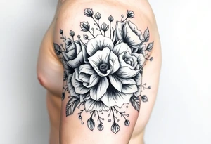 vintage bouquet of wild roses and meadow flowers with morning dew tattoo idea