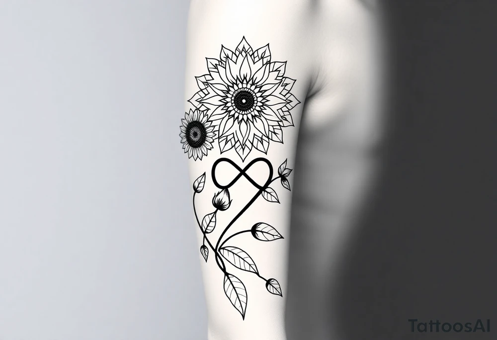 Dainty Bohemian stylized sunflowers growing along an infinity symbol shaped vine with a mandala in the background tattoo idea