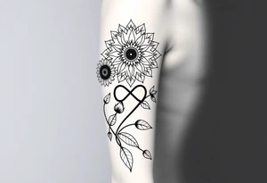Dainty Bohemian stylized sunflowers growing along an infinity symbol shaped vine with a mandala in the background tattoo idea