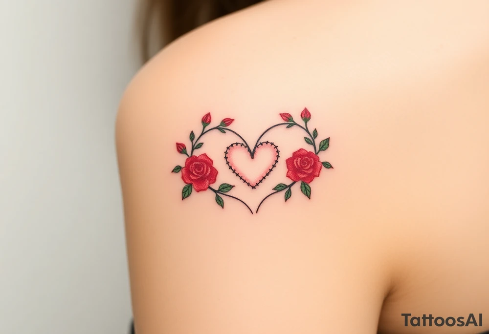 A infinity symbol made out of vine banches with delicate roses and a heart at its center, in soft red and green hues tattoo idea