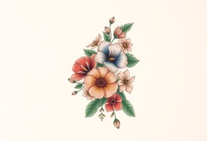 Fore arm tattoo in the neo american traditional style. I want to incorporate a few different flowers: Poppies, Morning Glory, Narcissus with green leaves in the background tattoo idea