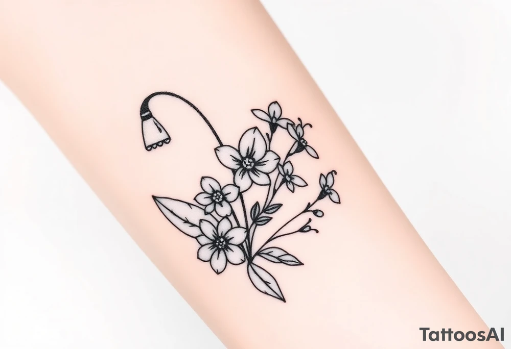 Simple small design in black bunch of flowers 1 lily of the valley 1 daffodil 1 holly 1 larkspur tattoo idea