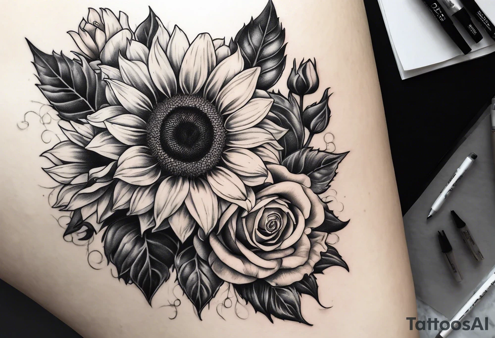 Sunflower and rose flower tattoo idea