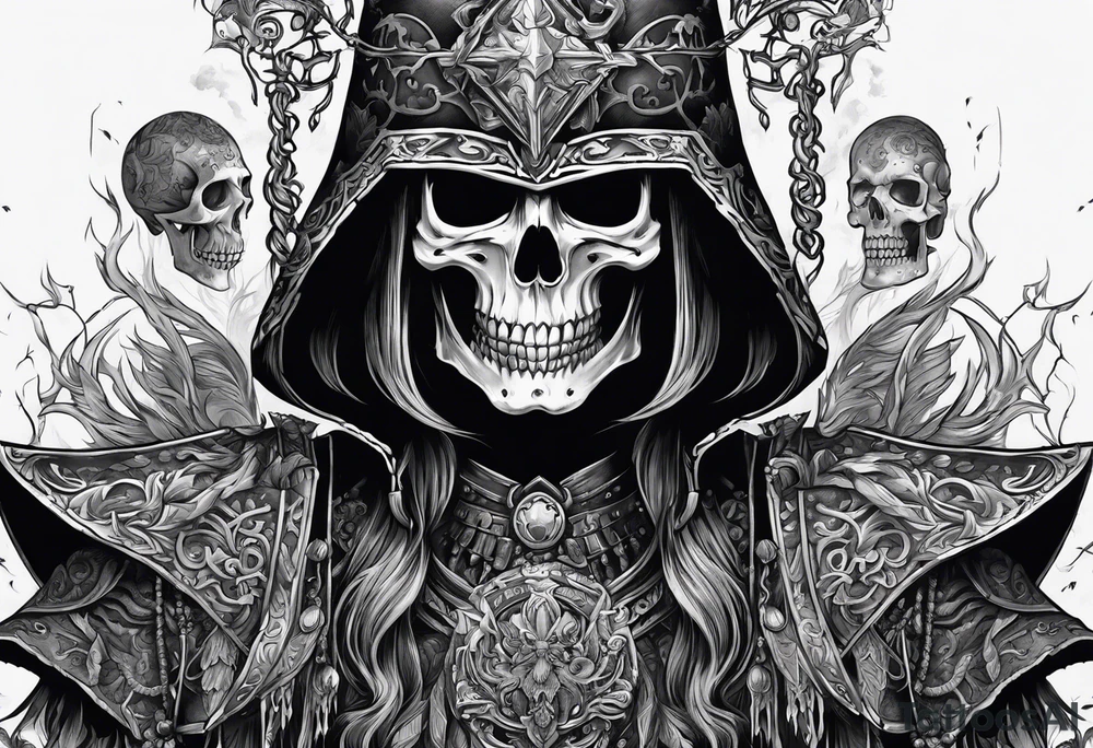 necromancer guy with army of skeletons tattoo idea