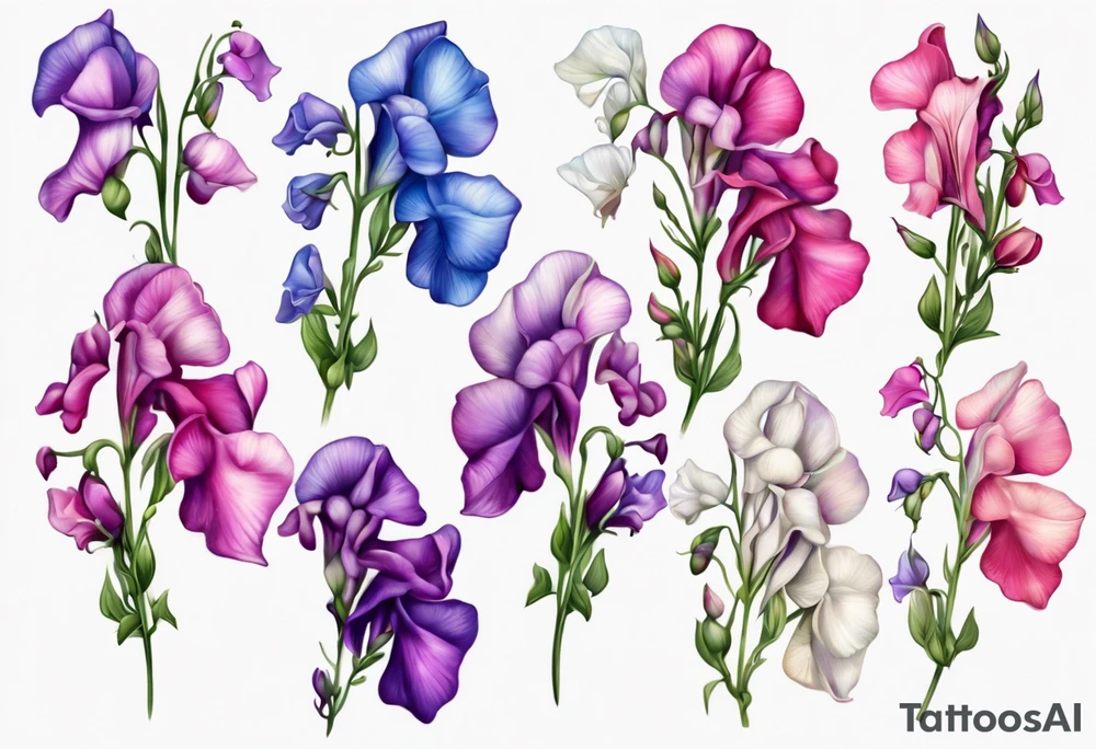 cascading field 
sweet pea flowers, multi color tattoo idea
