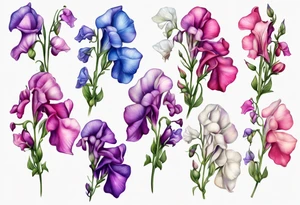 cascading field 
sweet pea flowers, multi color tattoo idea