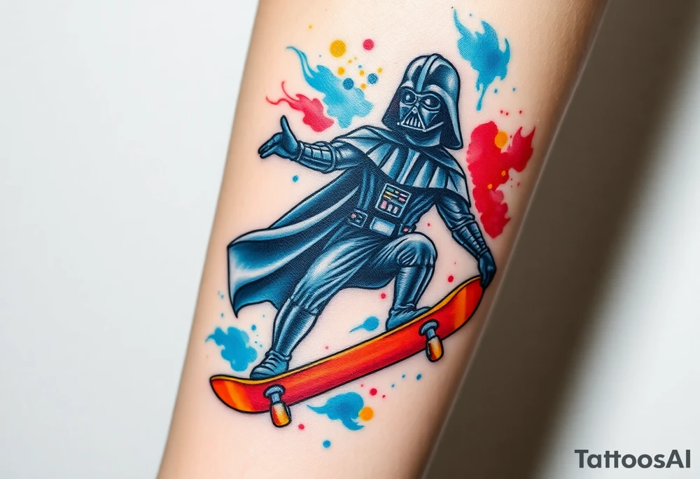 Darth Vader skateboarding > heaven
blue. red. yellow.
skateboard words "Darth Carter"
add date 12/29/88-01/06/24 tattoo idea