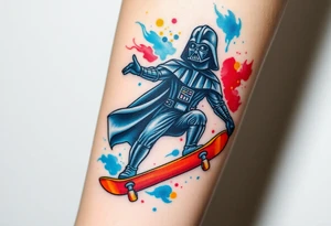 Darth Vader skateboarding > heaven
blue. red. yellow.
skateboard words "Darth Carter"
add date 12/29/88-01/06/24 tattoo idea