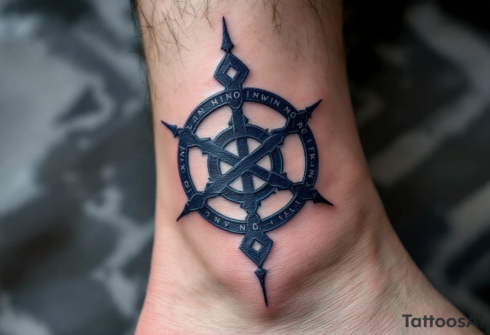 A navy blue bind rune formed from Norse protection runes, set against smoky gray shadows. tattoo idea