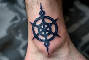 A navy blue bind rune formed from Norse protection runes, set against smoky gray shadows. tattoo idea