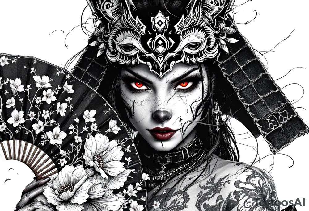 Woman samurai with red eyes wearing an half and broken kitsune mask, holding a japanese fan with Sakura flowers tattoo idea
