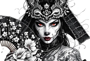Woman samurai with red eyes wearing an half and broken kitsune mask, holding a japanese fan with Sakura flowers tattoo idea