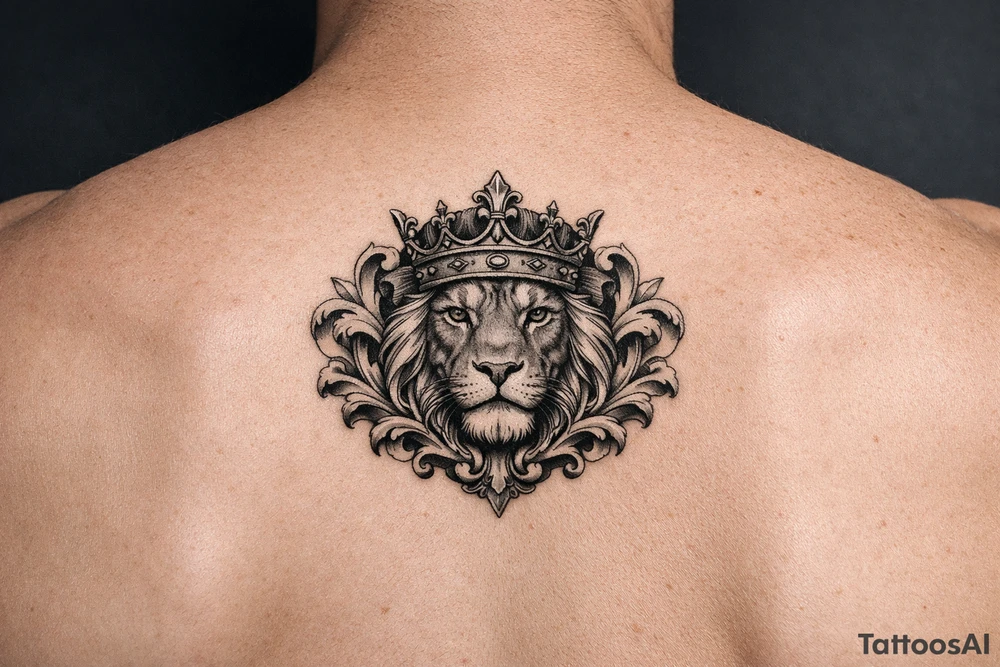 majestic lion wearing ornate crown, surrounded by baroque flourishes tattoo idea