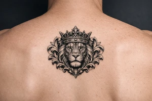majestic lion wearing ornate crown, surrounded by baroque flourishes tattoo idea