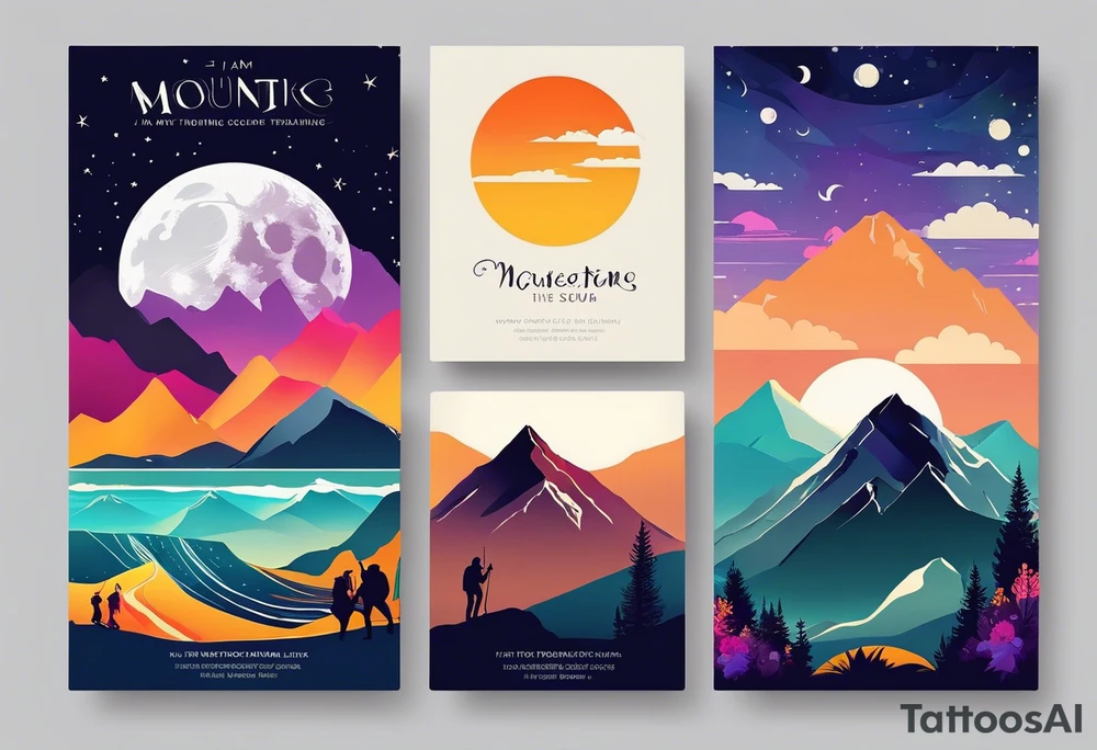 I am into hiking mountains, surfing, scuba diving, etc, and just traveling around to do cool adventures. If you have any ideas as an artist that would be awesome. These are the designs that really speak to me. I would definitely want to not fill the moon in the mountain one, and find a reference to the water and the sunset with the mountain. I also love the touch of the bird in the bottom. Im really looking for something that references exploring new places while traveling as much as possible and feeling free. tattoo idea