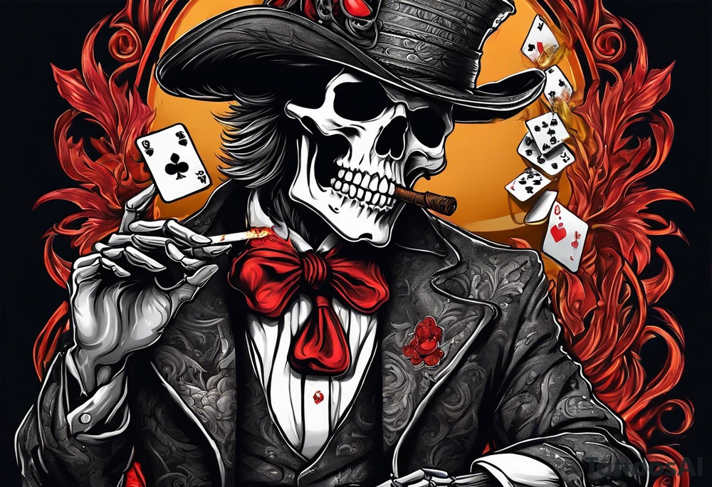 Phrase: "Don't deal with the devil"
skeleton smoking cigar with poker chips, dealing the cards tattoo idea