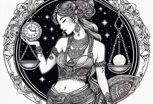 Libra woman holding scales with a night zodiac background including a half moon that encircles half of the woman tattoo idea