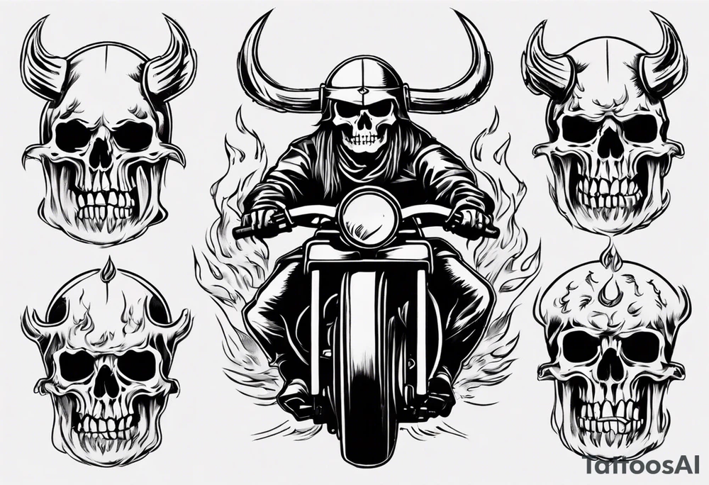 i want a tattoo of a big viking skeleton head riding a motorcycle with flames tattoo idea