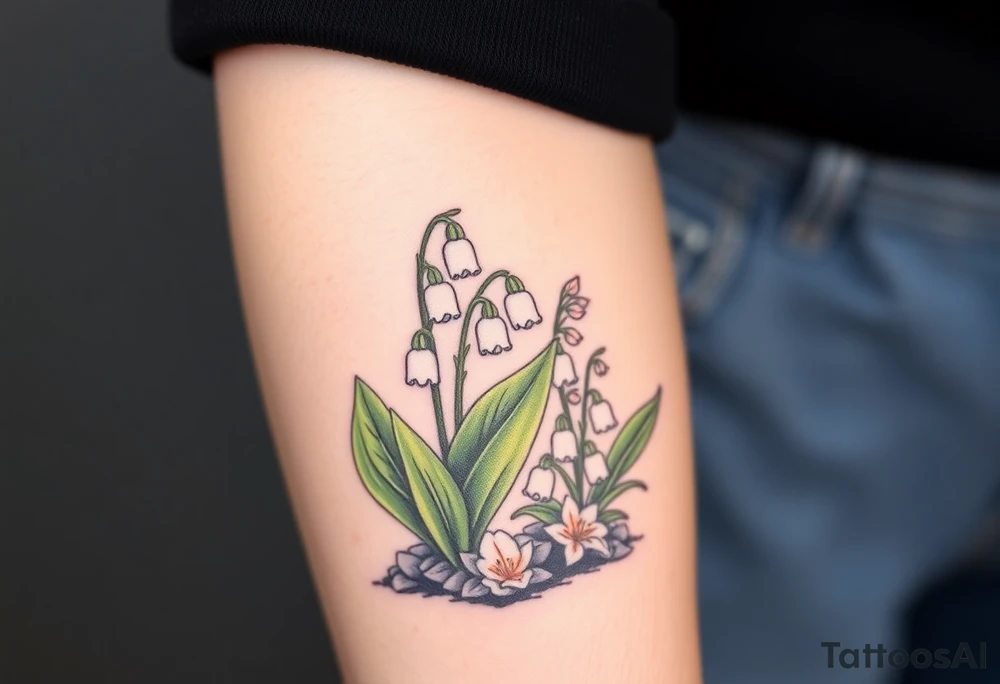 Small White lily in the valley bells growing next to other different colored lilie plants planted 
around  blooming hawthorn tree tattoo idea