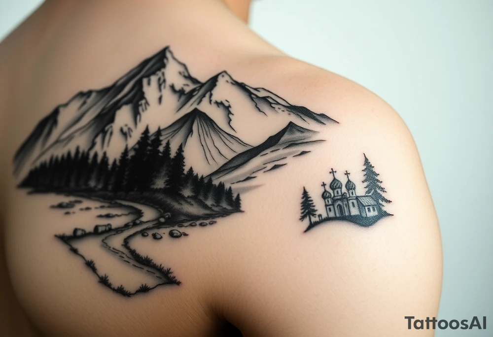 Mountainous valley with creek and a few trees with a Russian orthodox kazan scene covering my shoulder entering my upper arm tattoo idea