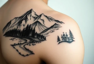 Mountainous valley with creek and a few trees with a Russian orthodox kazan scene covering my shoulder entering my upper arm tattoo idea