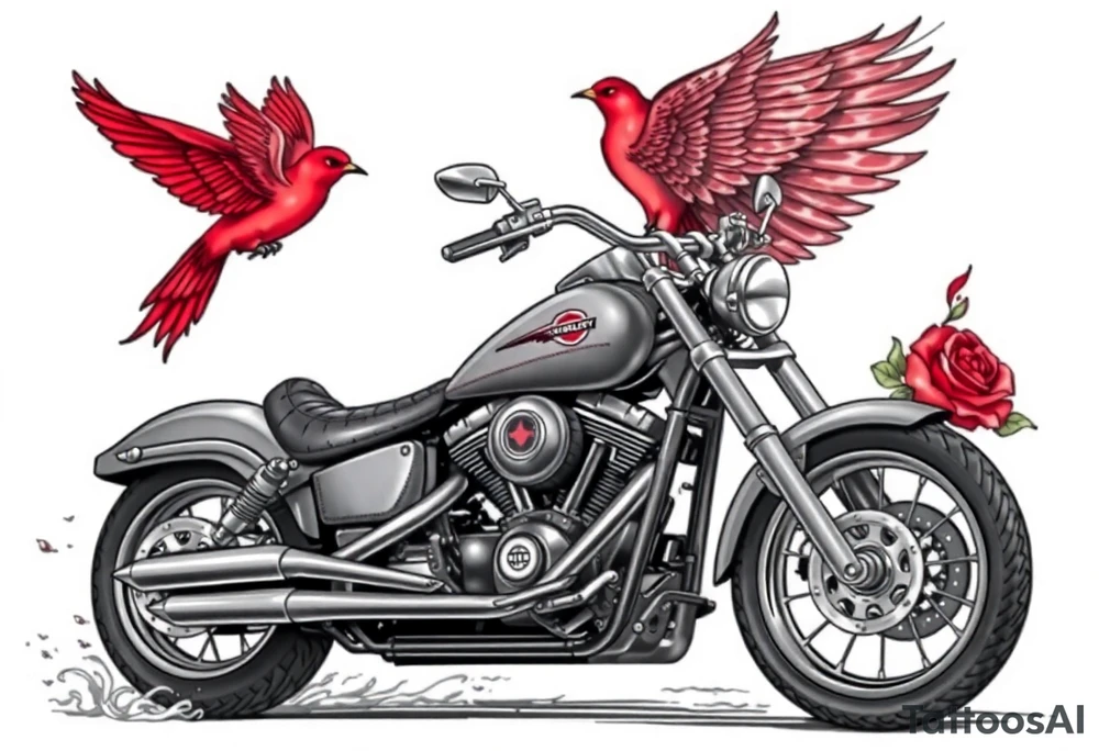 Harley grey motorcycle driving away, two red birds flying, roses, flames, angel wings tattoo idea