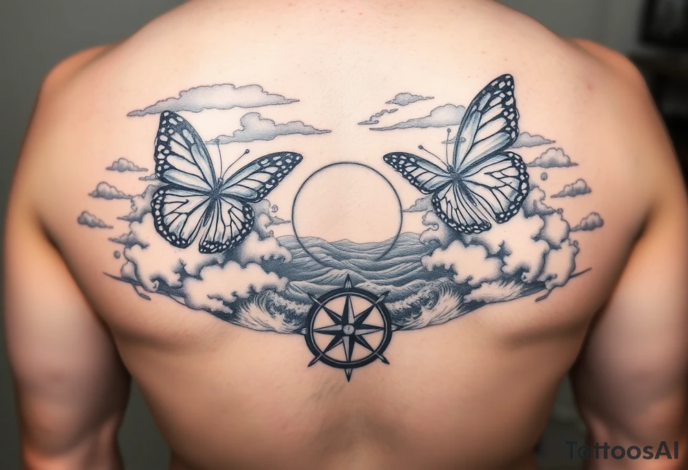 butterflies and the sun shining through clouds, with waves crashing in the background with a compass on top
half sleeve tattoo idea