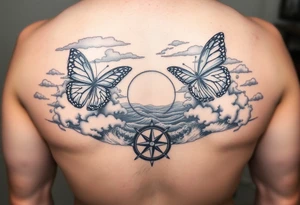 butterflies and the sun shining through clouds, with waves crashing in the background with a compass on top
half sleeve tattoo idea