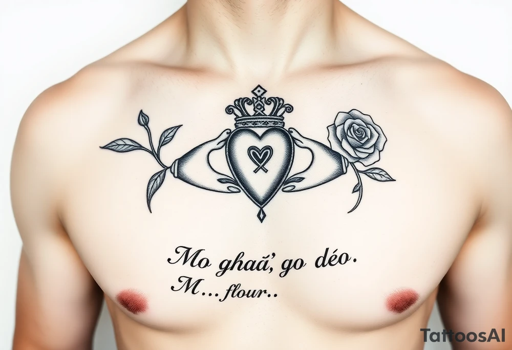Claddagh placed on a man’s chest. The bake Michelle and Irish rose with Celtic knot incorporated into the design. Flour de lit. Mo ghrá go deo written at the very bottom. tattoo idea