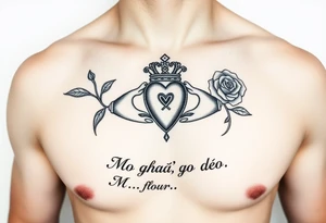 Claddagh placed on a man’s chest. The bake Michelle and Irish rose with Celtic knot incorporated into the design. Flour de lit. Mo ghrá go deo written at the very bottom. tattoo idea