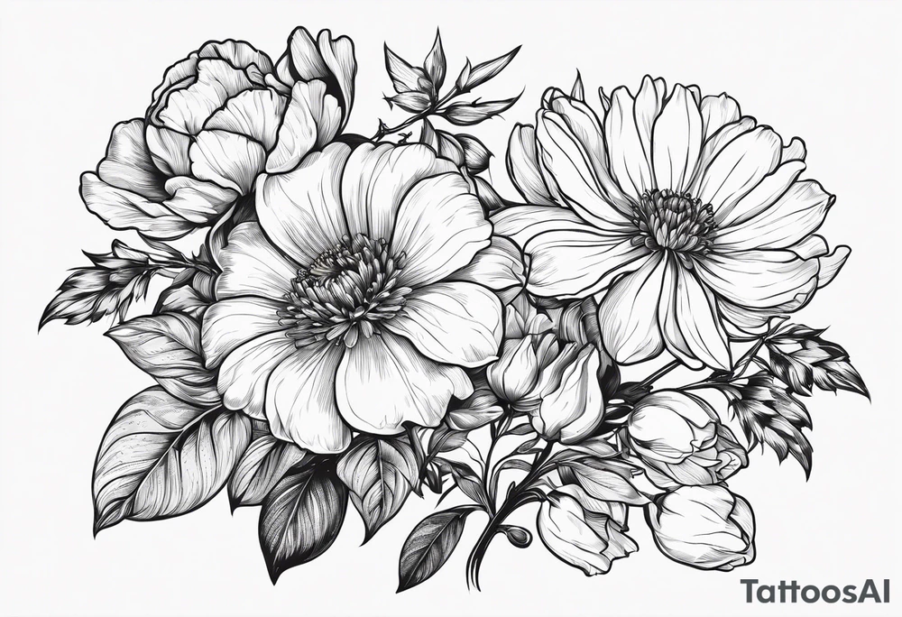 Bundle of flowers with Two carnations, Two daffodils, One snowdrop, One hawthorn flower, Two honeysuckles, One rose, One chrysanthemum, one cosmos, one marigold, one morning glory, and one aster tattoo idea