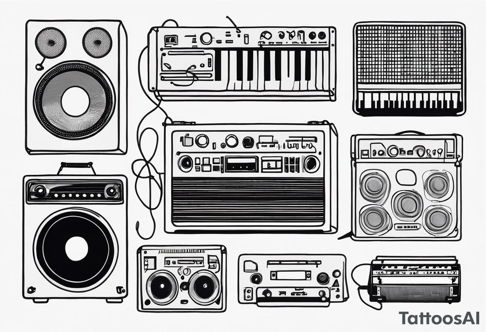 Lines and cables weave and interconnect keyboards, drums, stratocaster, speakers, headphones, and cassette tapes. tattoo idea