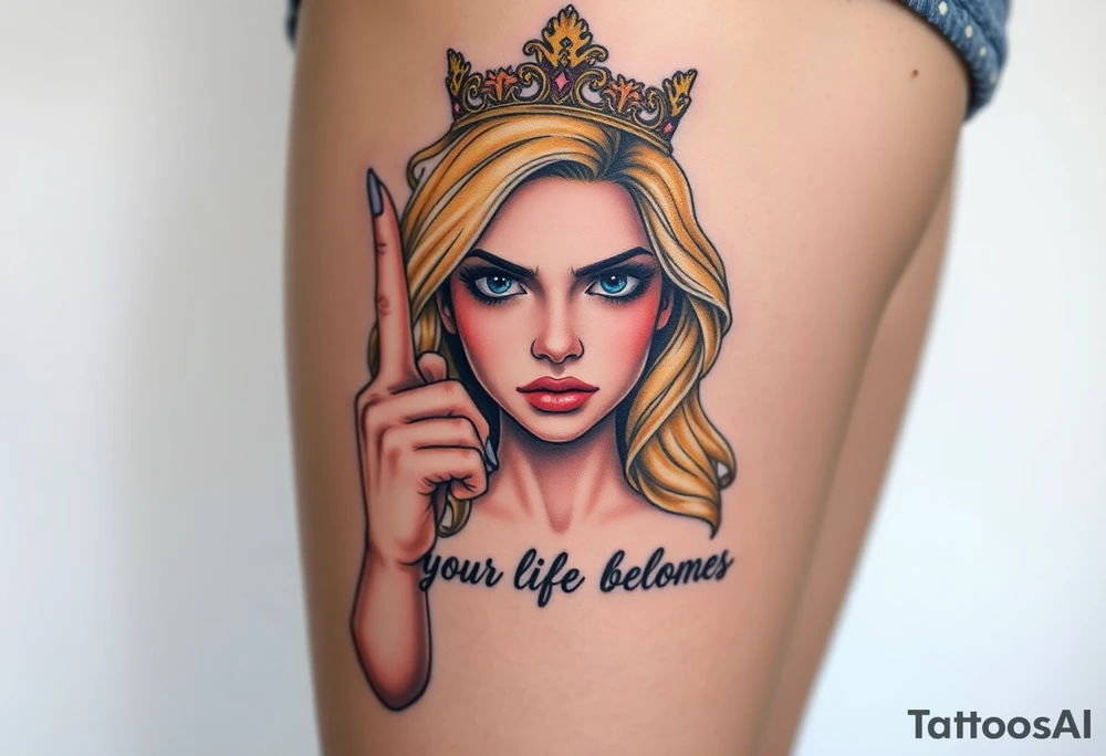 powerful blond findomme princess with crown on, holding up her middle finger with look of disgust on her face being pathetic with caption “your life belongs to Princess Natti” tattoo idea