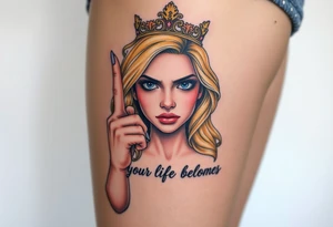 powerful blond findomme princess with crown on, holding up her middle finger with look of disgust on her face being pathetic with caption “your life belongs to Princess Natti” tattoo idea