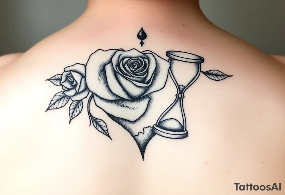 Arose in the shape of a heart with pieces of the Rose blowing away in the wind and the other half an hourglass with the sand out of time black and white feminine tattoo idea