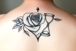 Arose in the shape of a heart with pieces of the Rose blowing away in the wind and the other half an hourglass with the sand out of time black and white feminine tattoo idea