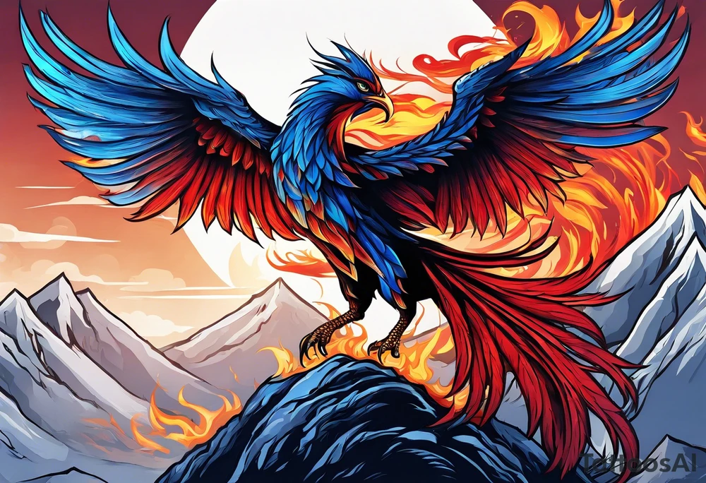 Blue and red Phoenix on fire on a mountain tattoo idea
