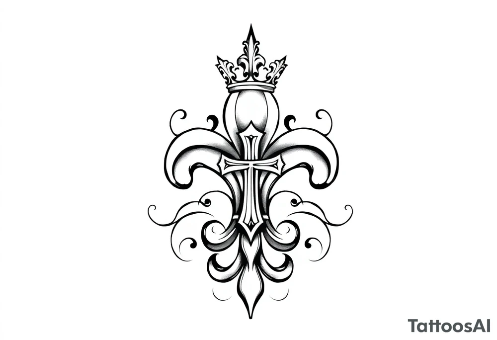 a flor de lis with a crown and a cross inside the flor de lis tattoo idea