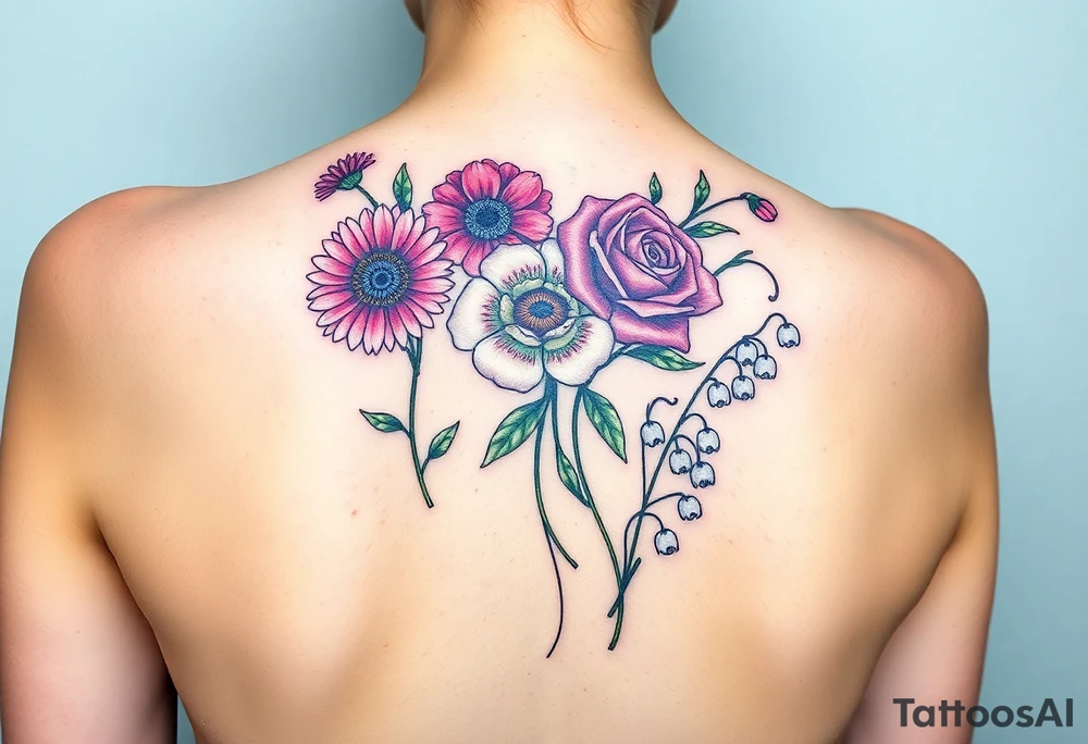 Small Bouquet of flowers starting upper middle back with long stems down spine with a aster, carnation, rose, Lily of the valley, larkspur with stems Starting upper middle back to right shoulder tattoo idea