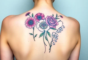 Small Bouquet of flowers starting upper middle back with long stems down spine with a aster, carnation, rose, Lily of the valley, larkspur with stems Starting upper middle back to right shoulder tattoo idea
