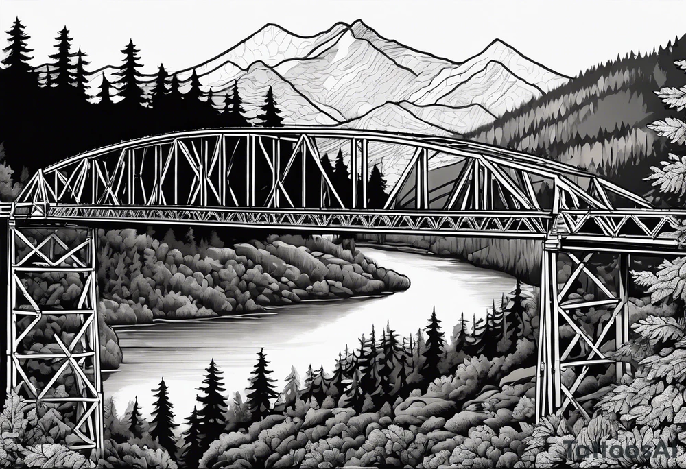 steel truss cantilever bridge over river, mountains, sky, trees, pacific northwest tattoo idea