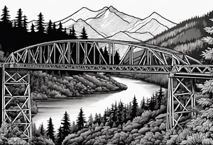 steel truss cantilever bridge over river, mountains, sky, trees, pacific northwest tattoo idea