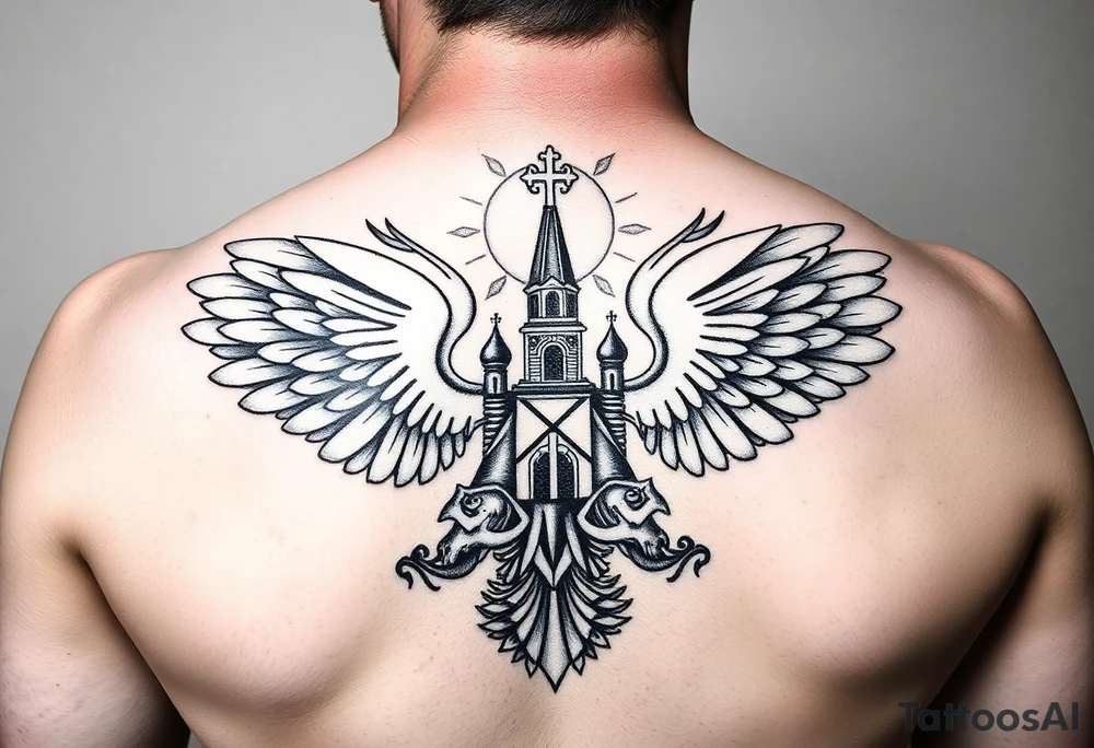 russian coat of arms with both heads visible & wings spanning out on my back neck across on to my shoulders / traps with a orthodox christian church being visible in a mountainous sun beaming setting, with the russian orthodox cross spire of the orthodox church being visible on my neck with a sun beaming in the background that the cross sits inside tattoo idea