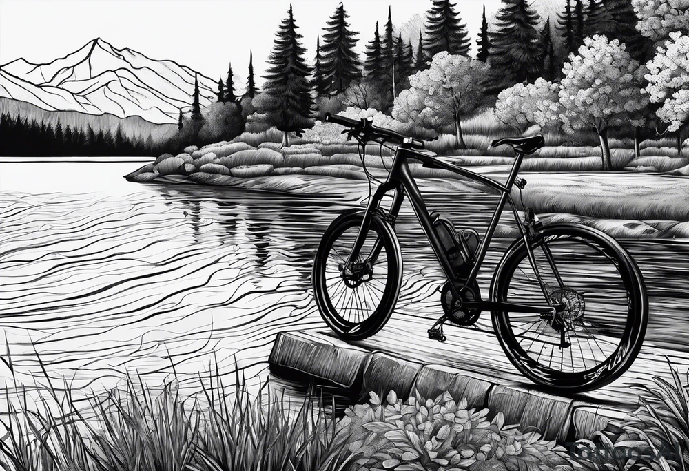 road 
cycling against the backdrop of  a beautiful, serene lake tattoo idea