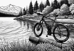 road 
cycling against the backdrop of  a beautiful, serene lake tattoo idea
